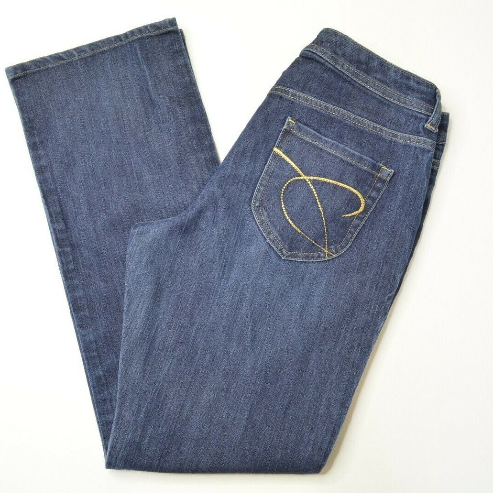CHICO'S Platinum RADIANT RG Size 1‎ Reg Womens BOOTCUT Gold Stitching DARK Jeans